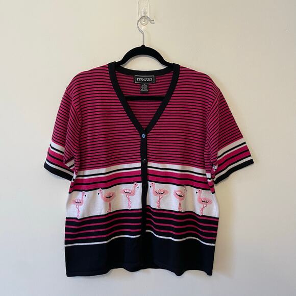 Vintage XL Terazzo short sleeve button up blouse strip flamingo kitsche pink - Picture 1 of 7